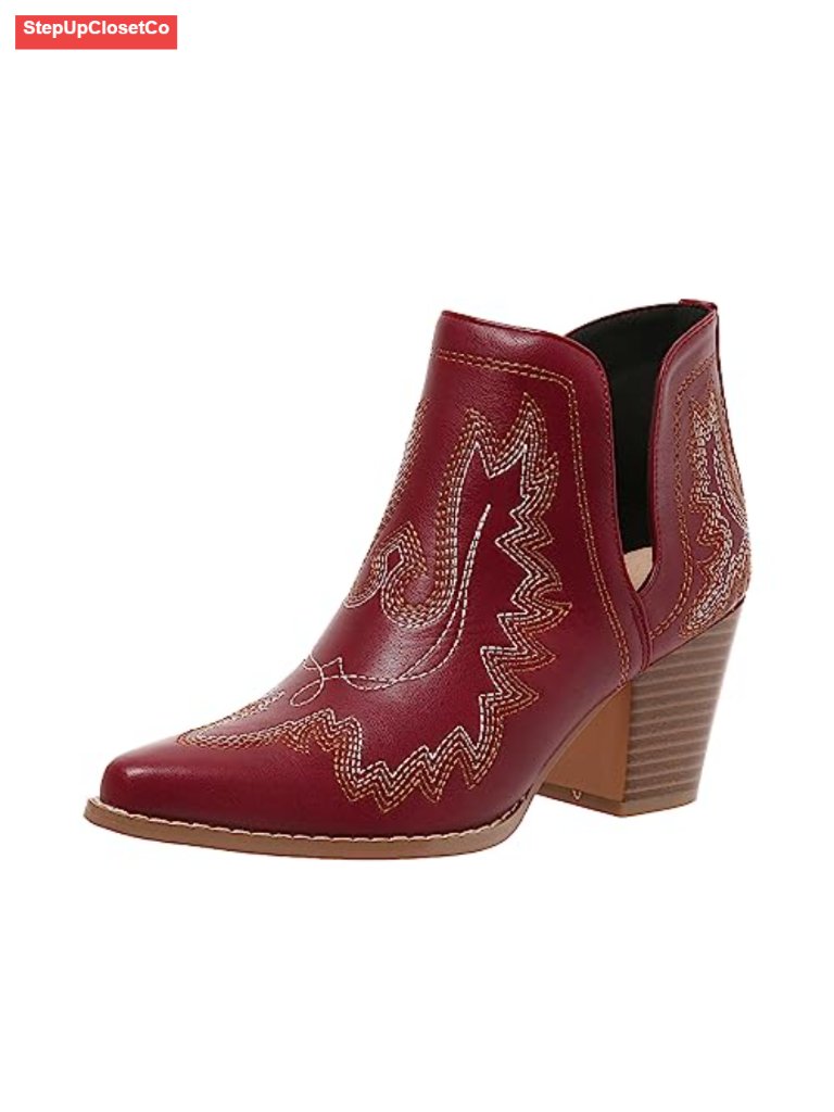 Women's Western Embroidered Stitched Pointed Toe Cutout Chunky Heels Ankle